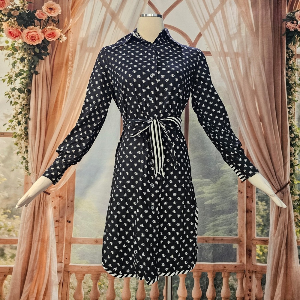 Vintage 1970s Shirt Dress Richard Frontman Navy Blue Heraldic Lion Print Belted - Picture 4 of 13
